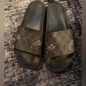 Gucci Black Slides with Gold Tiger Motif